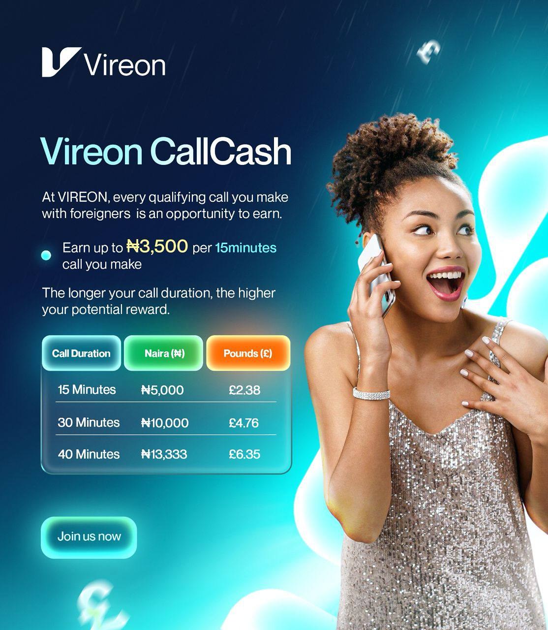 Vireon CallCash earning opportunity flyer
